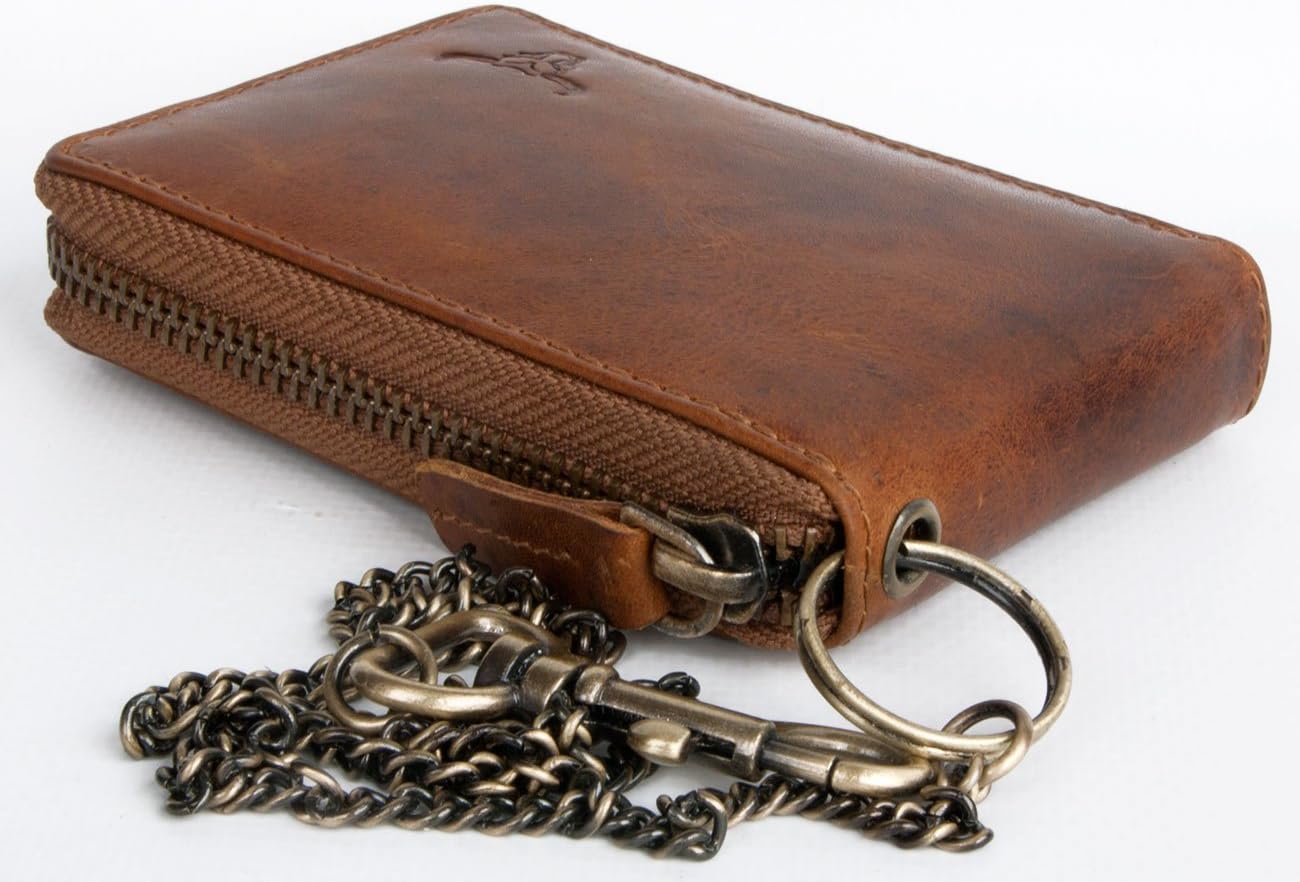 FLW Glazed Genuine Leather Pocket Sized Wallet with a Bull Skull and a Chain, Tan - Image 3