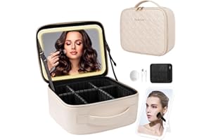 PEEH Makeup Bag with Lighted Mirror, Travel Make up Train Case with Adjustable Dividers and Detachable 10x Magnifying Mirror, Cosmetics Organizer for Women (Beige)