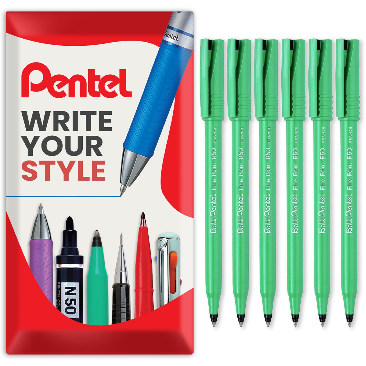 Pentel R50 Fine Point Liquid Ink Rollerball Pens - 0.8mm Tip 0.4mm Line Width - 77% Recycled - Black Ink - Pack of 6 in Envelope Gift Packaging