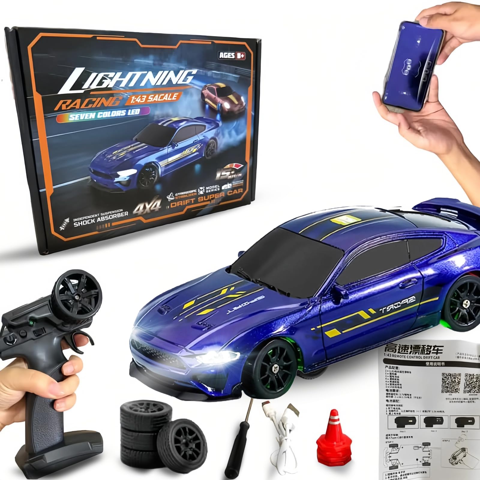 Photo 1 of 1/43 RC Drift Car, Mini Drift RC Car with Gyroscope, 2.4GHz Full Proportion 4WD 15KM/H High Speed Remote Control Cars Toy with LED Lights, Hobby Racing Sport Model Vehicle for Adults Kids Boys Gift