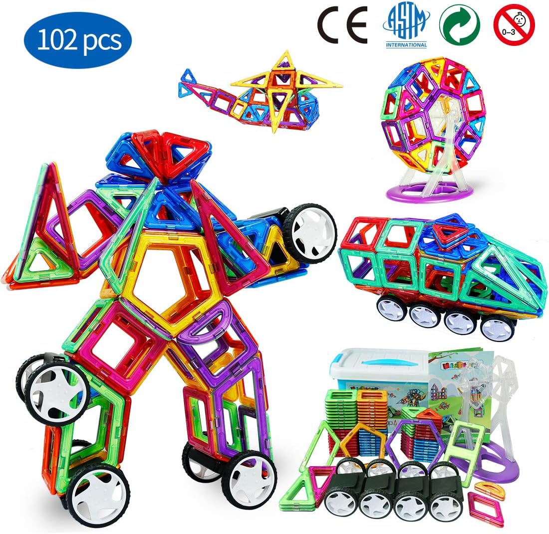Magnetic Blocks STEM Educational Gifts and Toys Set for Boys,Magnetic Tiles are Best Birthday Gift for Kids 102PCS