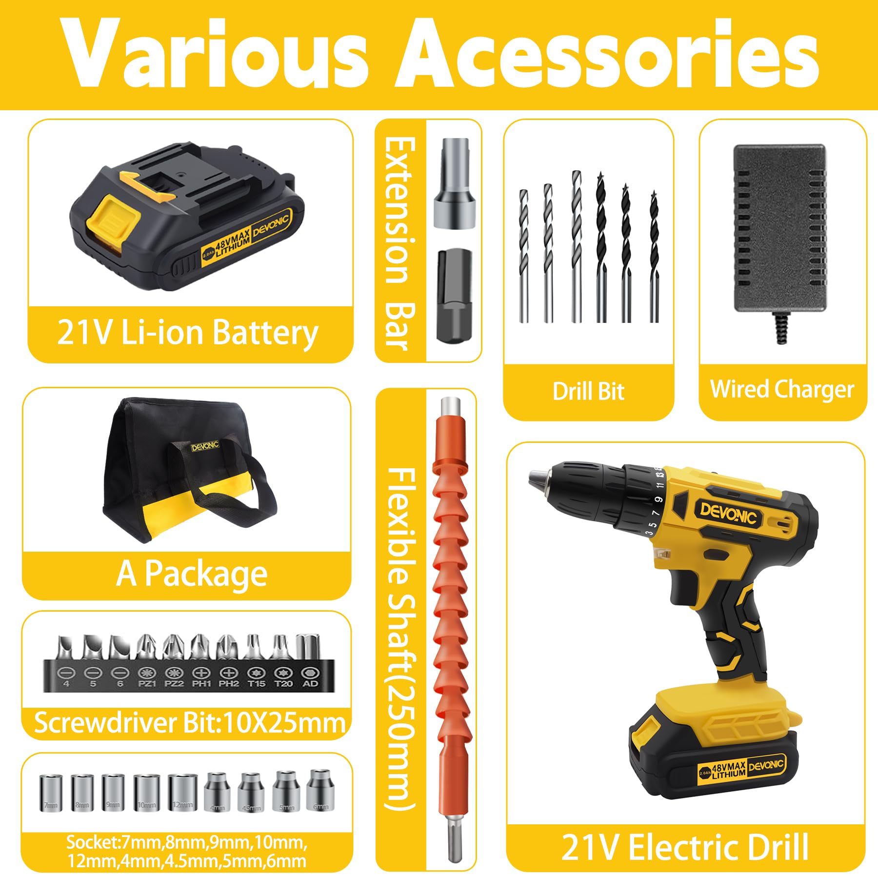 DEVONIC Cordless Drill Set,21V Electric Drill with 1 Lithium Battery and Charger,3/8