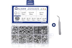 Gelisen 160Pcs 304 Stainless Steel SAE Sizes 4#-40,6#-32,8#-32,10#-32,1/4-20,5/16-18,3/8-16 Hex Nuts UNC Assortment Kit for Screw Bolt
