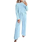 ECHOINE 2 Piece Outfits For Women Casual Ribbed Knit Long Sleeve Tops Wide Leg Pants Lounge Set Tracksuit