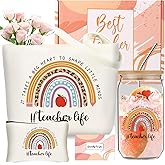 Teacher Appreciation Gifts for Women, Unique Teacher Christmas Gift, 16oz Glass Cup, Teachers Canvas Tote Bag Basket Box for Teachers Birthday Gift, Thank You Gifts