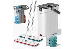 HoMettler Dual Mop and Bucket Set, Flat Mop and Bucket System with Separate Dirty and Clean Water, 3-Compartment Wall Cleaner Mop, Flat Mops for Floor Cleaning with 6 Microfiber Pads