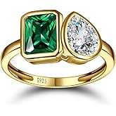 Yaresul 6x8mm 3.5CT Toi Et Moi Ring 925 Sterling Silver Emerald Engagement Ring For Women Double Stone Emerald Shape & Pear Cut Cubic Zirconia Wedding Ring Width Band 1.9mm - Size 5-9