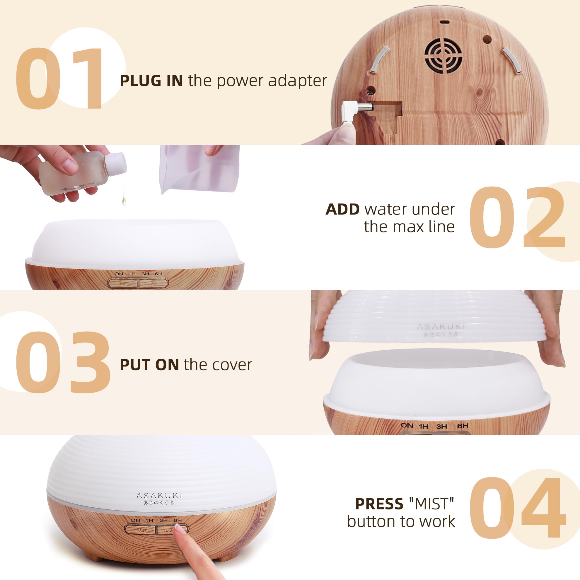 ASAKUKI 300ml Essential Oil Diffuser, Wood Grain Ultrasonic Aromatherapy Diffuser, Quiet Diffuser with 4 Timers, Auto Shut-Off & Colour-Changing LED for Home, Office, Yoga | Relaxation & Better Sleep
