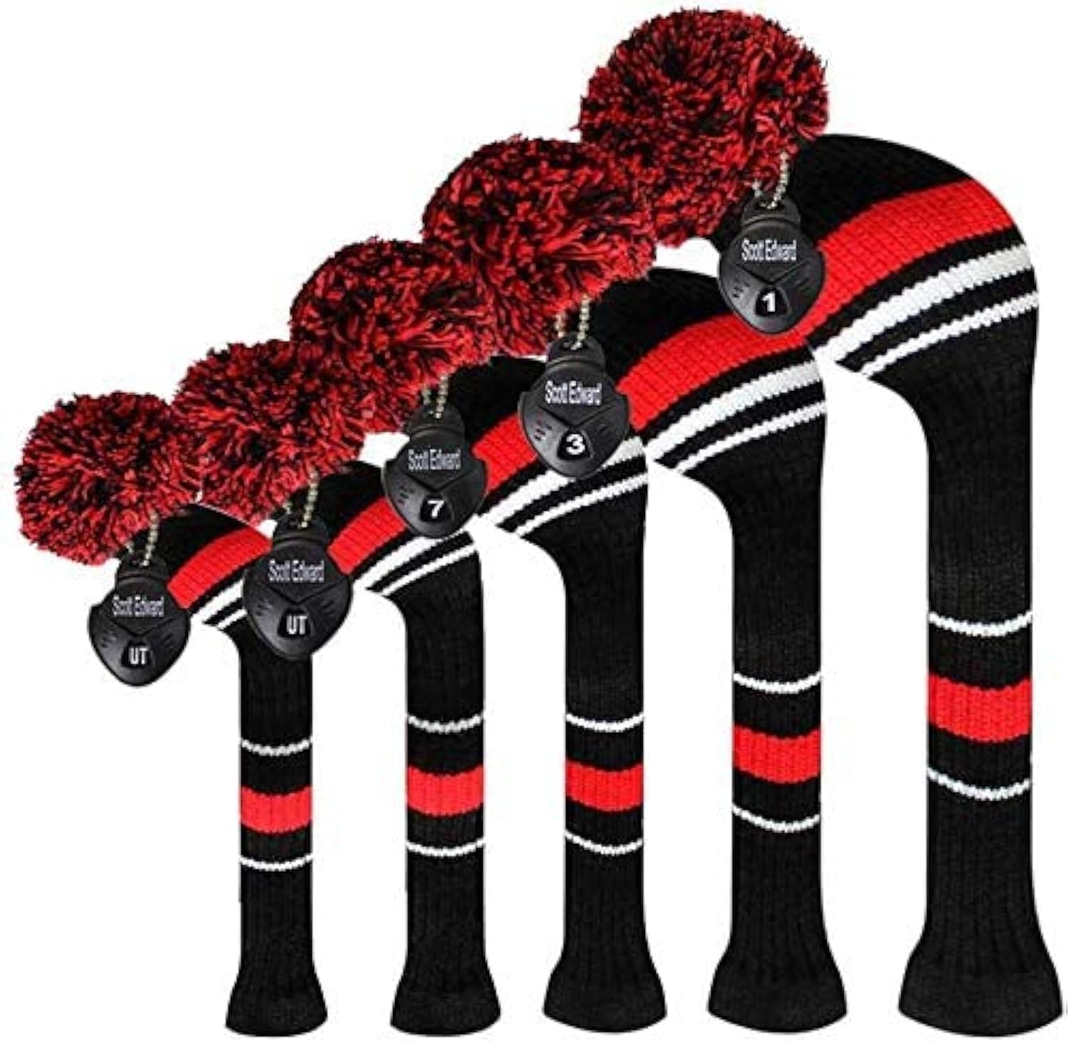 Golf Head Covers for Woods 5 PCS Knit Golf Club Cover Driver Cover*1 Fairway Wood*2 Hybrid (UT)*2 Old-school Style, Big Pom-poms, Best Gift for Golfers (Red Stripes)