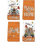 Artoid Mode Turkey Gobble Thanksgiving Kitchen Towels Dish Towels, 18x26 Inch Fall Greatful Truck Pumpkin Decoration Hand Towels Set of 4