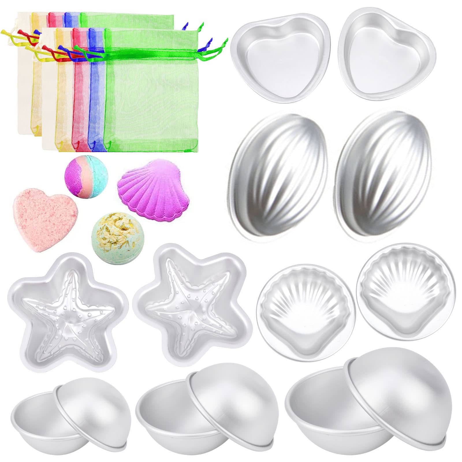 14Pcs Bath Bomb Moulds, DIY Fizzies Bomb Mold in 7 Shape Hemisphere Conch Scallop Heart Starfish, Aluminum Alloy Craft Ball Hollow Ball Fillable with 50Pcs Organza Bags, for Handmade Soaps & Cake