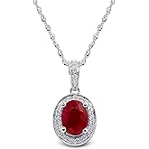 KOKAV 14K White Gold Oval Genuine Ruby Diamond Pendant Necklace. 1-1/6 Ct weight