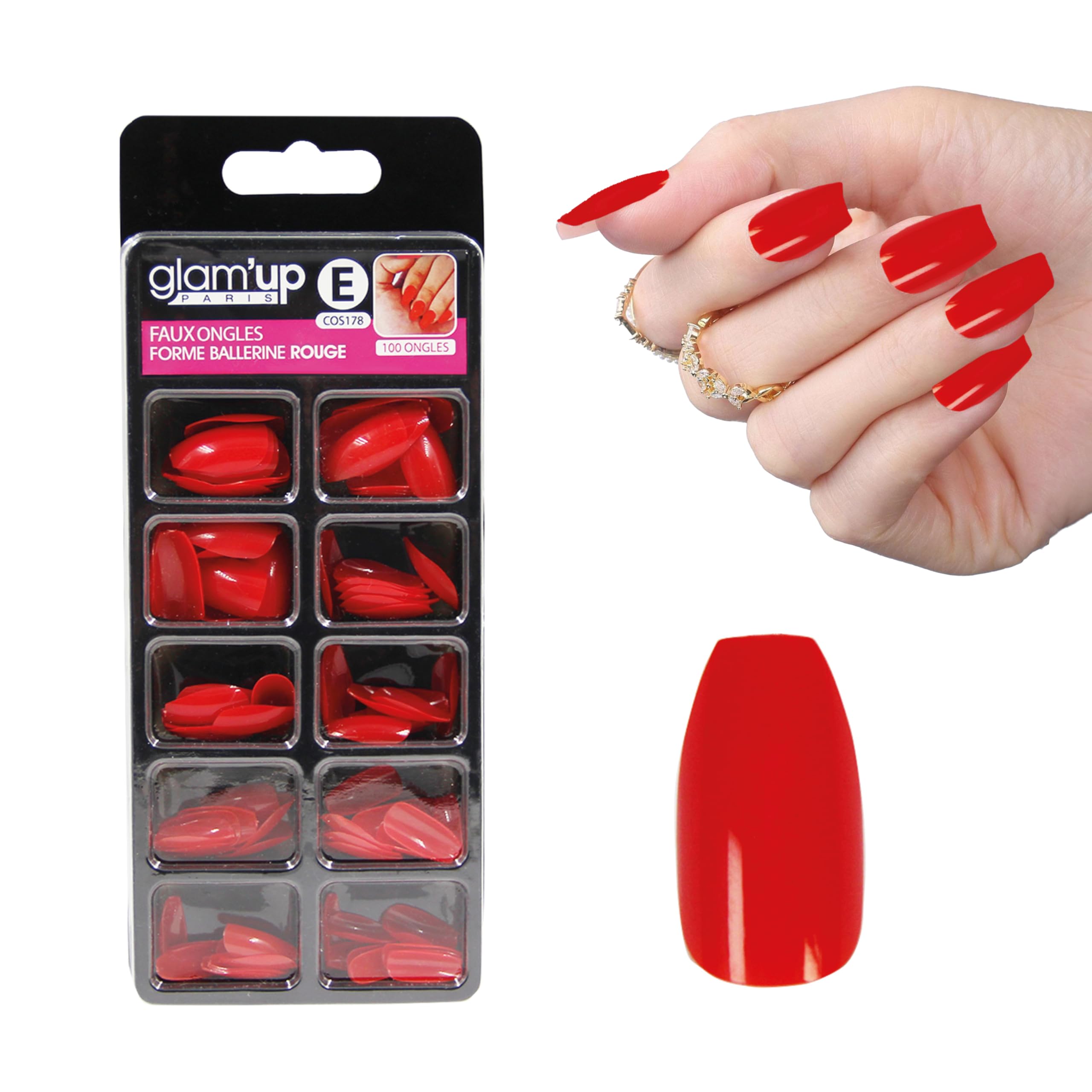 Glam'Up Paris False Nails Full Cover Easy to Use 100 Pieces Ballerina Shape No. 178 Red