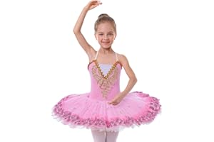 AFAVOM Ballet Leotards for Girls with Platter Tutu Professional Hard Organdy Camisole Skirt Swan Lake Feather Hem Dancewear