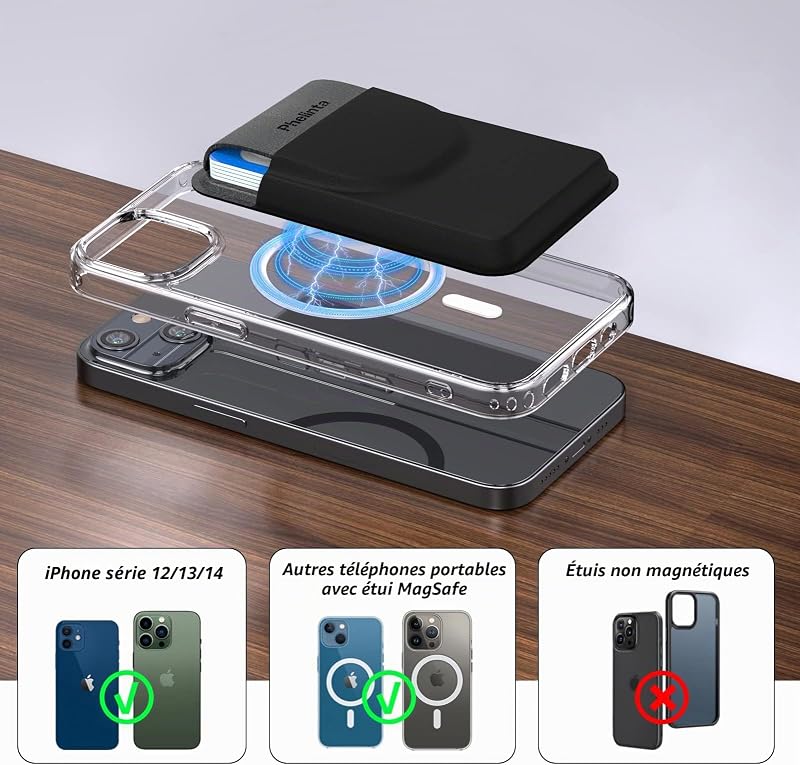 Porte Cartes Magnétique Portefeuille Compatible avec MagSafe Wallet pour iPhone 18 Pro Max/18 Pro/17/Air/16/15/14/13/12 Séries, Porte-Cartes en Cuir avec Rabat, Stockez 5 Cards Cartes