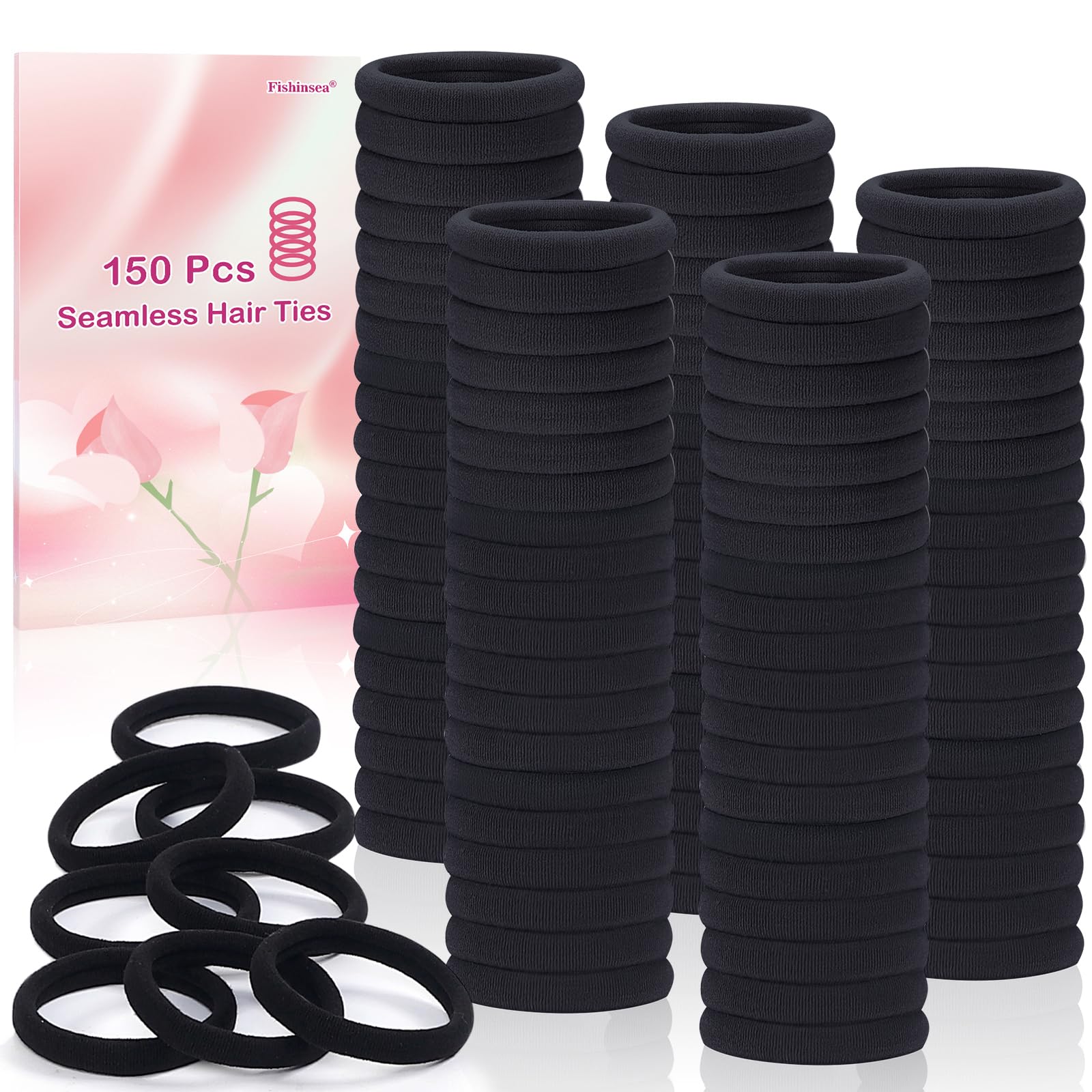 Photo 1 of 150 Pcs Seamless Elastic Hair Ties No Damage for Thick & Thin Hair, Ponytail Holders, Elastics, Soft Pony Tails Bands for Women, All Black