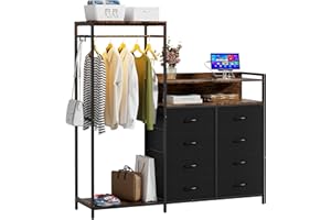 KSOBEBVT Wardrobe Closet with 8 Drawers & Hanging Rods, 58" H Freestanding Clothing Rack, Large Capacity Storage Organizer with USB Charging Station & LED Lights for Bedroom Dorm Room Apartment (Black)