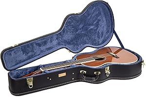 Crossrock Wooden Guitar Case fits 12-Frets 000/OM Acoustic Guitars - Stainless Steel Latches, Sponge Lining, Metal Feet, Storage Space - Black (CRW620-00012BK)