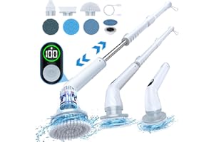LABIGO Electric Spin Scrubber LA4 Pro, Dual Speed Bathroom Scrubber with Display & 6 Replacement Cleaning Heads, Cordless Power Scrubber with Adjustable & Detachable Handle for Bathroom Floor Tile
