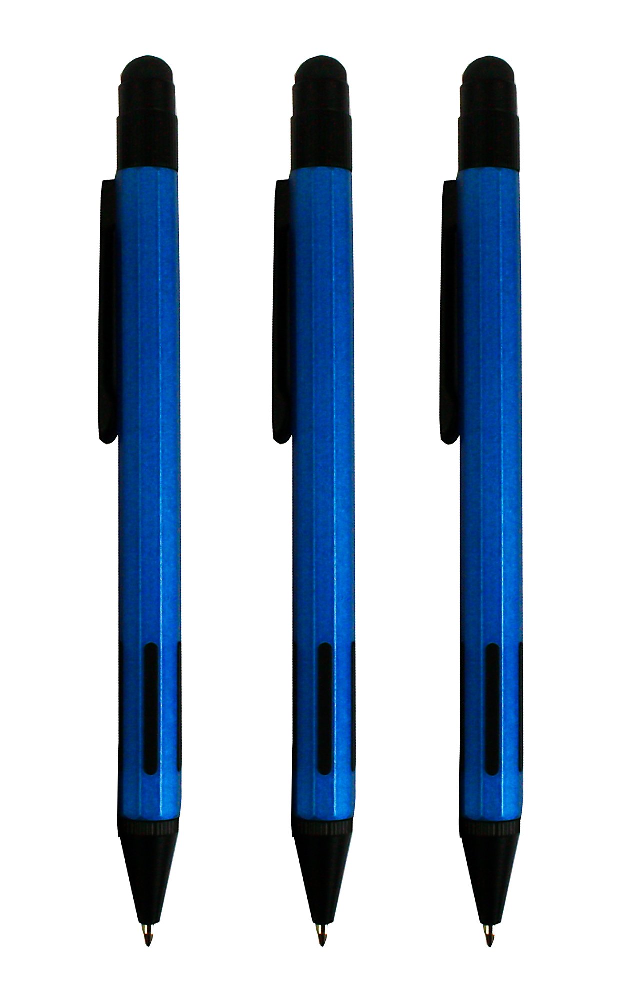 Emartbuy Pack of 3 Smooth Writing Brushed Metal Ball Point Pens With Stylus Blue Ink - Blue