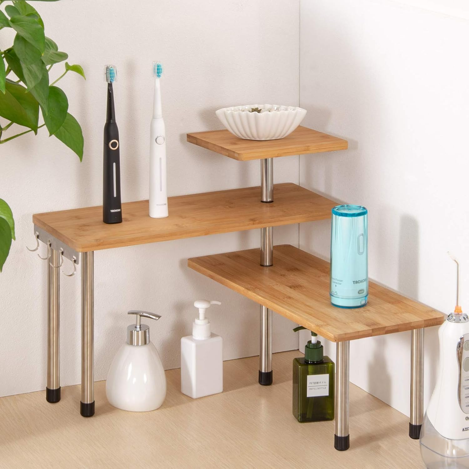 Olive Upgarde 3 Tier Desktop Organizer Office Kitchen Corner Shelf Unit Spice Rack Adjustable Bamboo Storage Rack, Bamboo Freestanding Counter top Display Shelf Plant Rack (with Hooks): Kitchen & Dining