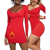 Popilush Shapewear Dress Long Sleeve Sweetheart Neckline Dress Bodycon Mini Dresses for Women Tummy Control Red Thermal