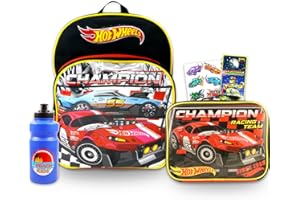 HOT WHEELS TOYS Hot Wheels Backpack with Lunchbox Set for Boys Kids ~ 2 Pc Bundle with Deluxe 16" Hot Wheels Racecar Backpack and Insulated Lunch Bag with Stickers, Tattoos, and More (Hot Wheels School Supplies)