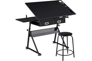 FullFurnique Drawing Table with Stool,Angle and Height Adjustable Drafting Table with Large Work Surface Slide-Out Side Table
