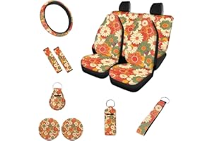 FUIBENG Groovy Flower Car Seat Cover for Women 12 Pcs，Beauty Hippie Floral Boho Coaster+15Inch Auto Steering Wheel Wrap+Keychains+Seatbelt Pads Universal Fit All Vehicles