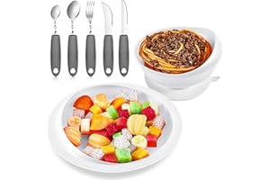 MAXCHECK 2 Sets Adaptive Utensils Bowl and Plate Set Adaptive Self Feeding Dinnerware with Suction Base Non Slip Bendable Cutlery for Elderly Disabled Hand Tremors Arthritis Parkinson(White)