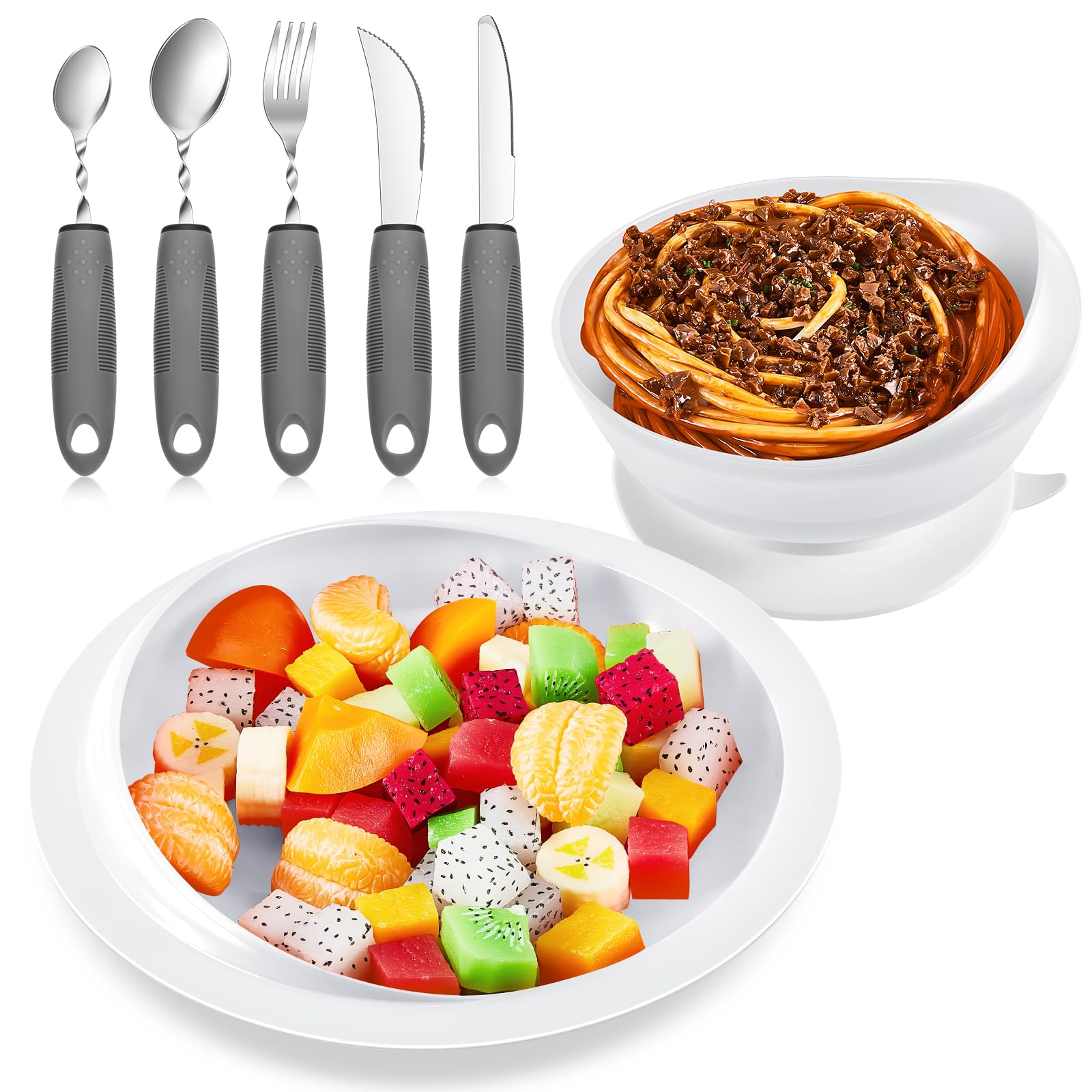 Photo 1 of 2 Sets Adaptive Utensils Bowl and Plate Set Adaptive Self Feeding Dinnerware with Suction Base Non Slip Bendable Cutlery for Elderly Disabled Hand Tremors Arthritis Parkinson(White)