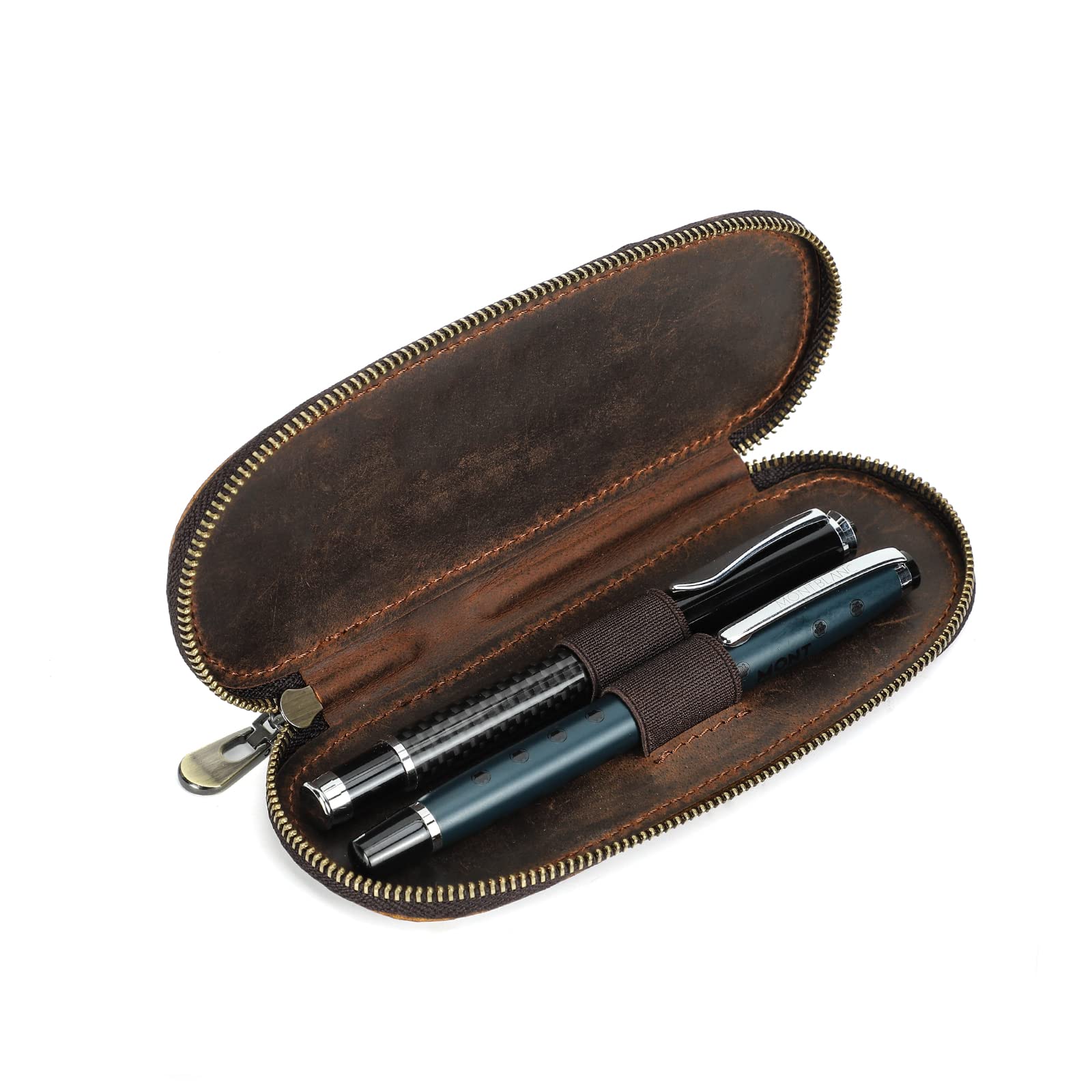 Hiram Leather Pen Case Portable Pen Box with Zipper Closure Design Leather Pen Storage Case for 2 Pens (Coffee) — image 1