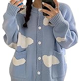 Women's Button Down Crew Neck Cardigan Kawaii Cloud Knitted Sweater with Pockets