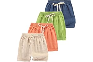 HSTiSan Toddler Boys Girls Shorts 4-Pack Cotton Linen Summer Casual Shorts Kids Solid Short Pants 2-8 Years