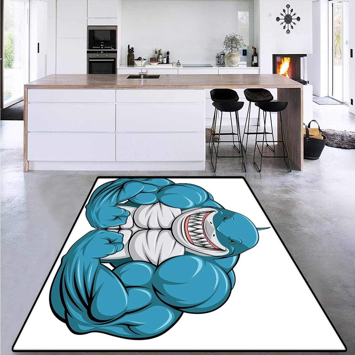 Fish, Kids Carpet Playmat Rug, A Smiling Toothy White Shark with Big Muscles on Arms Illustration Print, Area Rug Dorm Room 6' x 9' Pale Grey Petrol Blue