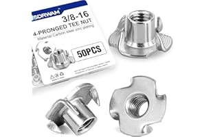 USDRWAM 50 Pack 3/8"-16 T Nuts for Wood, Zinc-Plated Carbon Steel 4-Prong Tee Nuts for Furniture, Cabinets, and Rock Climbing Holds
