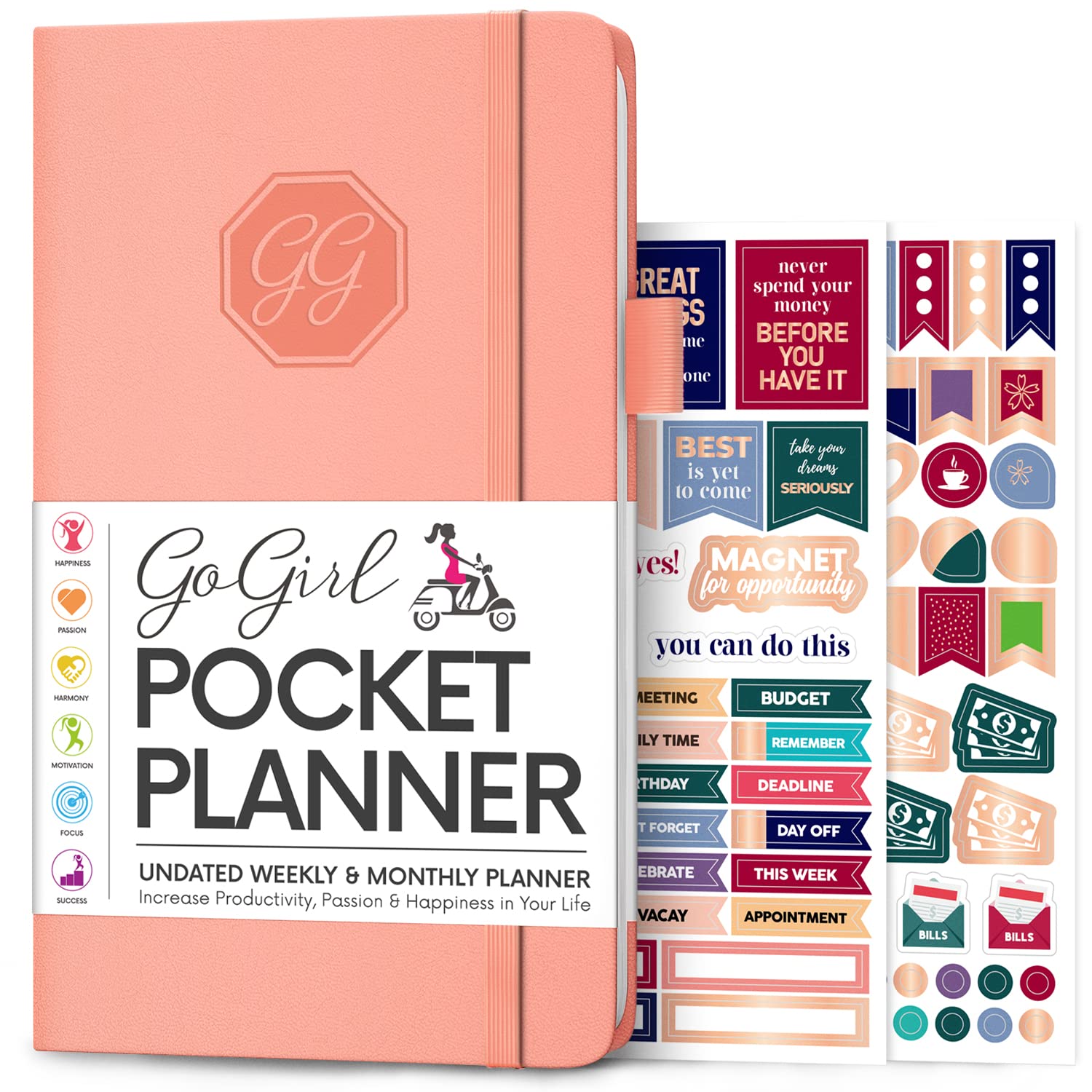 GoGirl Planner and Organizer for Women – Pocket Weekly Planner, Goals Journal & Agenda for Time Management & Productivity. Undated (Peach pink)