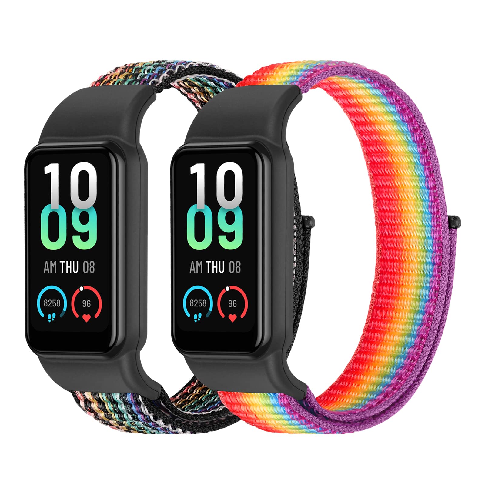 Tiptops Straps Compatible for Amazfit Band 7 Band, 2 Pack Breathable Comfortable Braided Adjustable Nylon Sport Solo Loop Replacement Wristband Women Men, BlackRainbow+OfficialRainbow