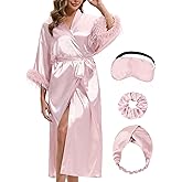 EPLAZA Bride Robe for Wedding Day Bridal Robes with Feather Long Satin Kimono Robes for Bachelor Party Getting Ready Outfits