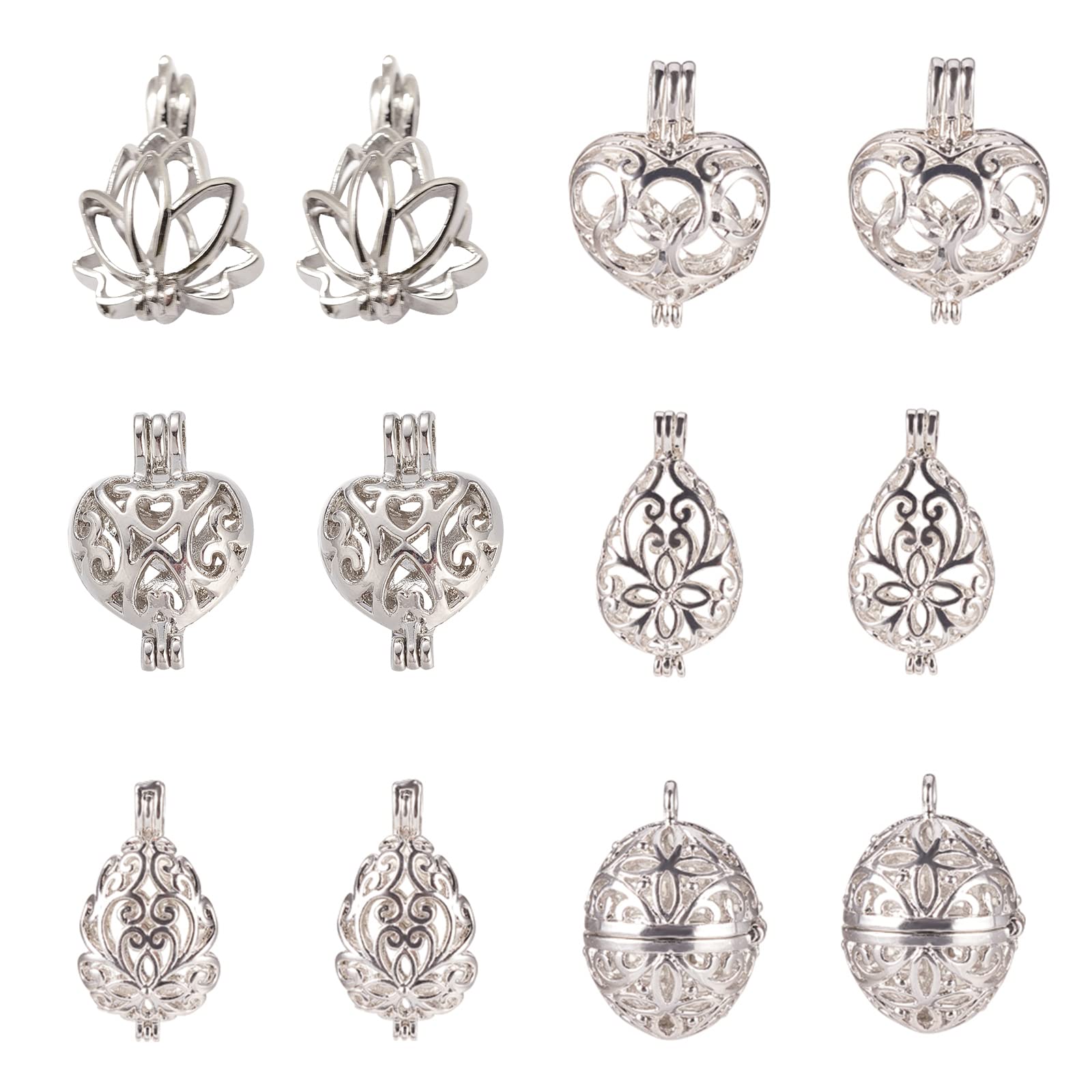 PH PandaHall 12pcs 6 Shapes Hollow Cage Charm, Brass Platinum Hollow Brass Bead Cages Pendant Aromatherapy Essential Oil Diffuser Locket Cage Charms for DIY Bracelet Necklace Earrings Jewellery Making