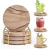Natural Sandstone Coasters Set of 4 with Holder, 4 in Dia Drink Coasters for Coffee Table, Water Absorbent & Heat Resistant Cup Coaster for Home & Office, Christmas Birthday Gift