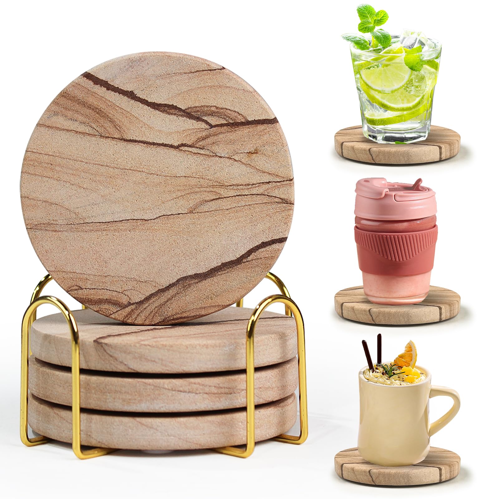 Photo 1 of Natural Sandstone Coasters Set of 4 with Holder, 4 in Dia Drink Coasters for Coffee Table, Water Absorbent & Heat Resistant Cup Coaster for Home & Office, Christmas Birthday Gift
