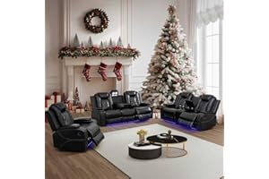 Ocstta Power Leather Recliner Sofa Set with LED Lights,Living Room Furniture Set, Breathing Leather Sofa Couch with USB Port/Storage Console/Cup Holders (3 Pieces Reclining Sofa Set, Black)