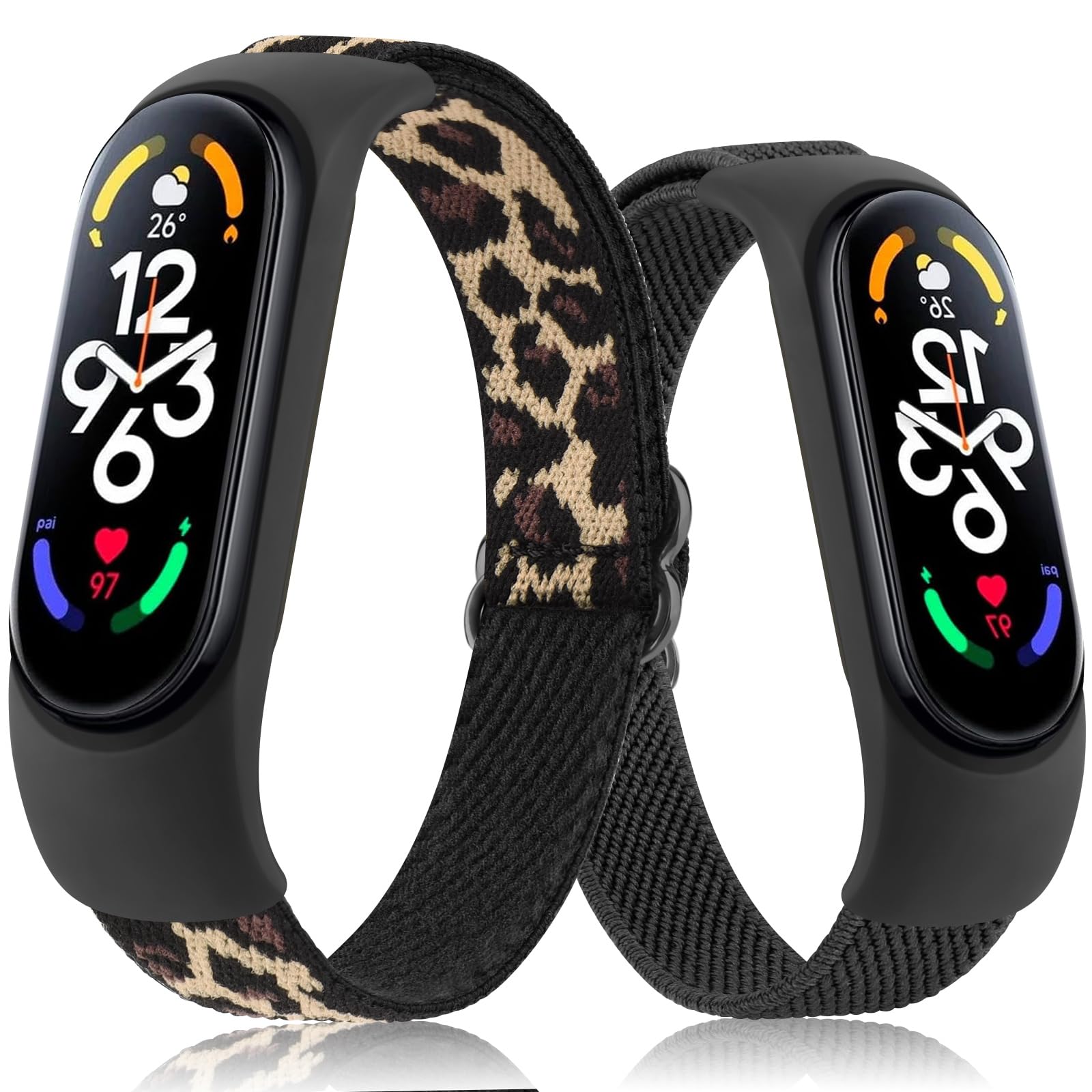 Adjustable Elastic Watch Straps Compatible with Xiaomi Mi Band 7/6/5/4/3 - Stretchy Nylon Sports Band for Men Women (Black/Leopard)