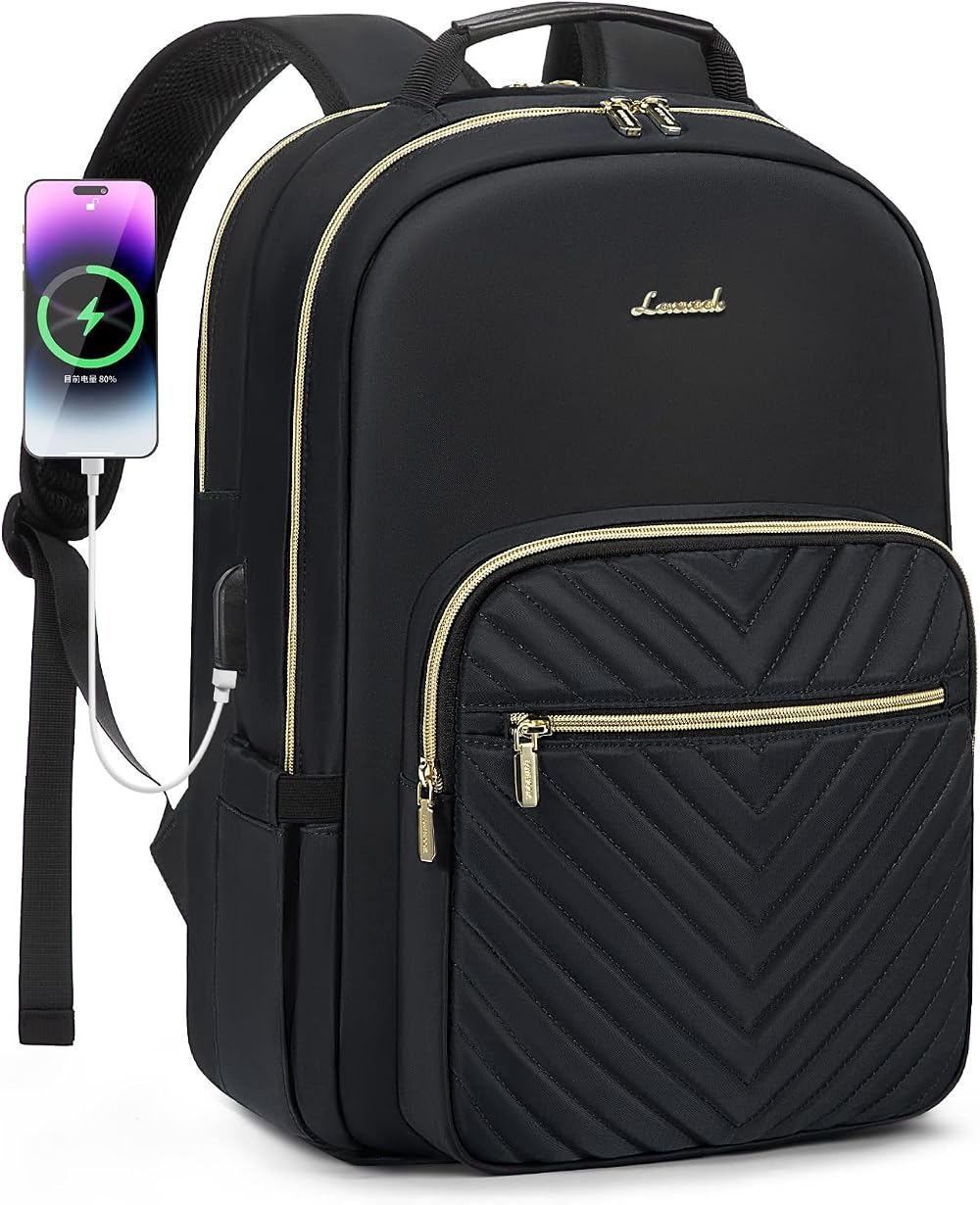 LOVEVOOK Laptop Backpack Women 15.6 inch USB Port Padded 10 Pockets Black