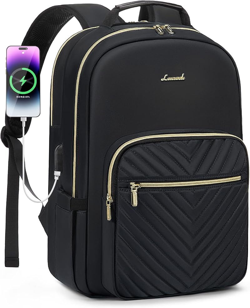 LOVEVOOK Laptop Backpack Women 15.6 inch USB Port Padded 10 Pockets Black