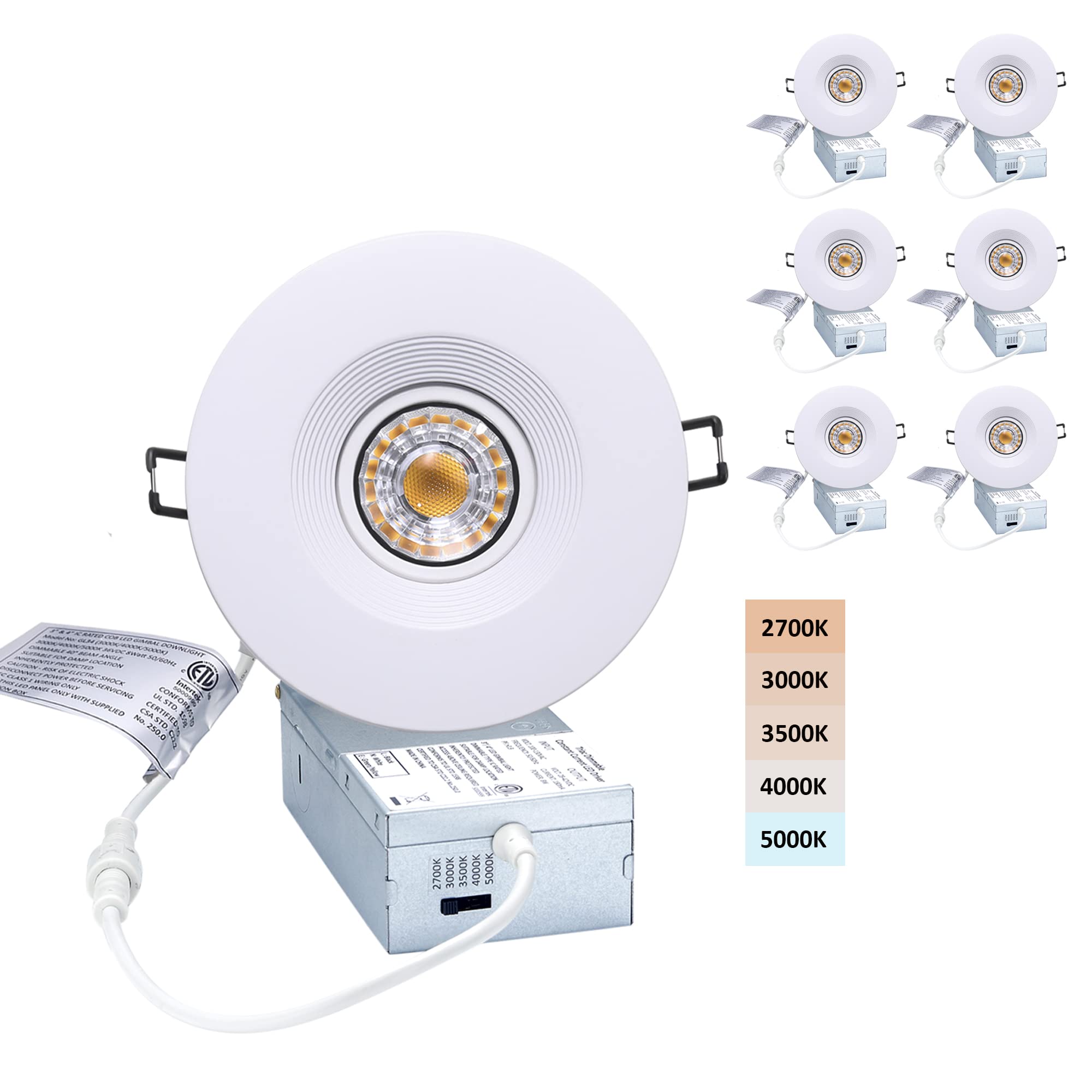 Photo 1 of POPANU Canless Recessed Gimbal Downlight Rotatable-Spotlight 5 CCT 4 Inch Eyeball Ceilling Potlight, Dimmable Lights Fixture with Junction Box, 8W CCT Adjustable, White Round Trim, with Baffle, 6P