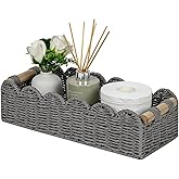 CubesLand Scalloped Edge Toilet Paper Storage Basket, Living Room Home Cozy Decor Basket, Paper Rope Small Baskets for Over Toilet Storage Shelf, End Table, Shelves, with 2 Wooden Handles, Grey
