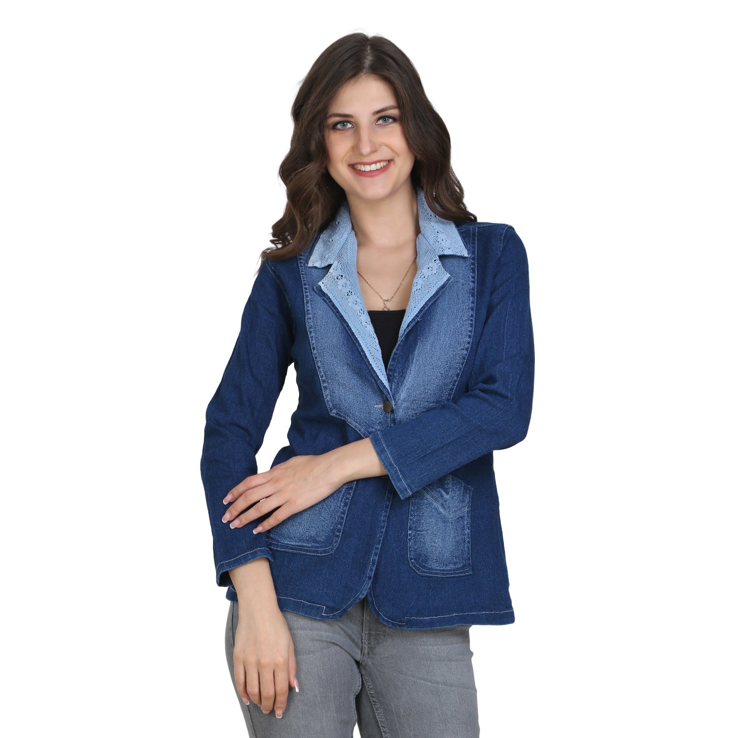 dimpy garments buynewtrend blue full sleeve denim blazer/jacket for women