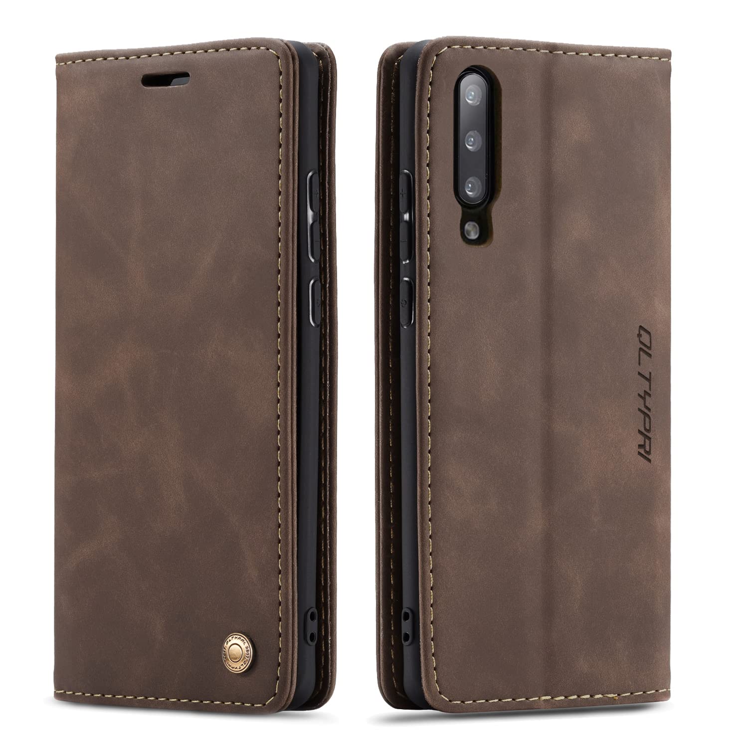 QLTYPRI Case for Samsung Galaxy A70, Vintage PU Leather Wallet Case Card Slot Kickstand Magnetic Closure Shockproof Flip Folio Case Cover for Samsung Galaxy A70 - Coffee Brown